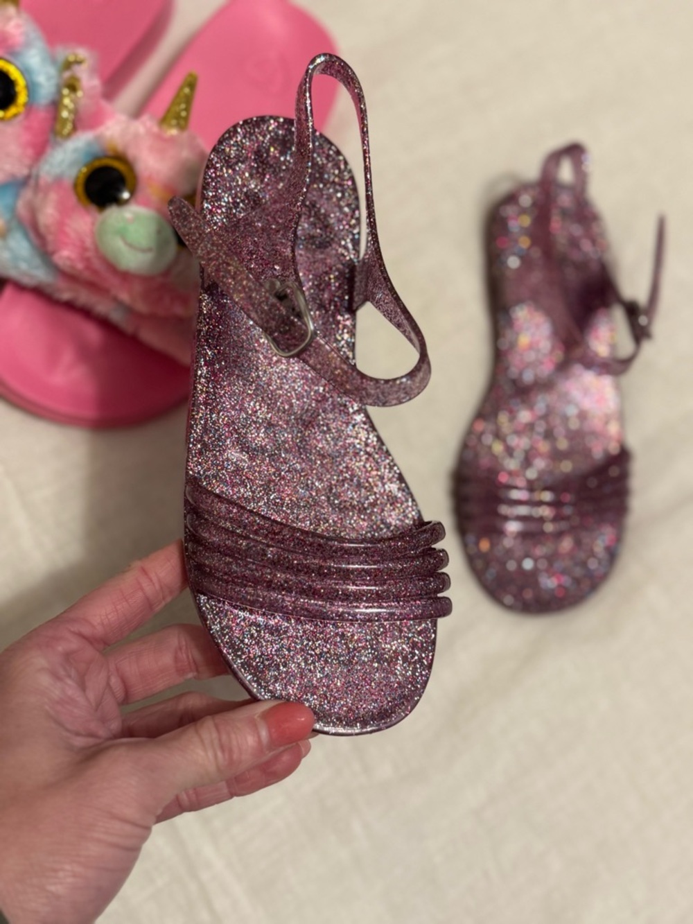 Girls Plush Ty Animal Slides & Old Navy Purple Glitter Jelly Sandals - Picture 3 of 7